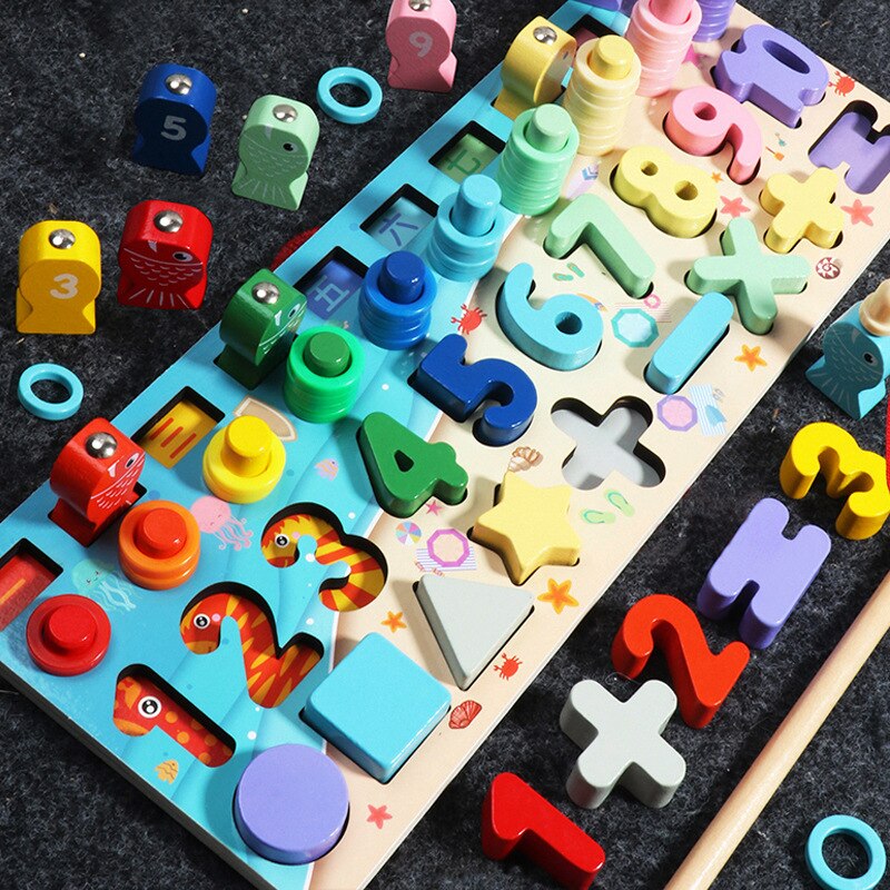 3D Montessori Educational Wooden Toys For Kids Board Math Fishing Count Numbers Digital Shape Match Early Education Children Toy: A05