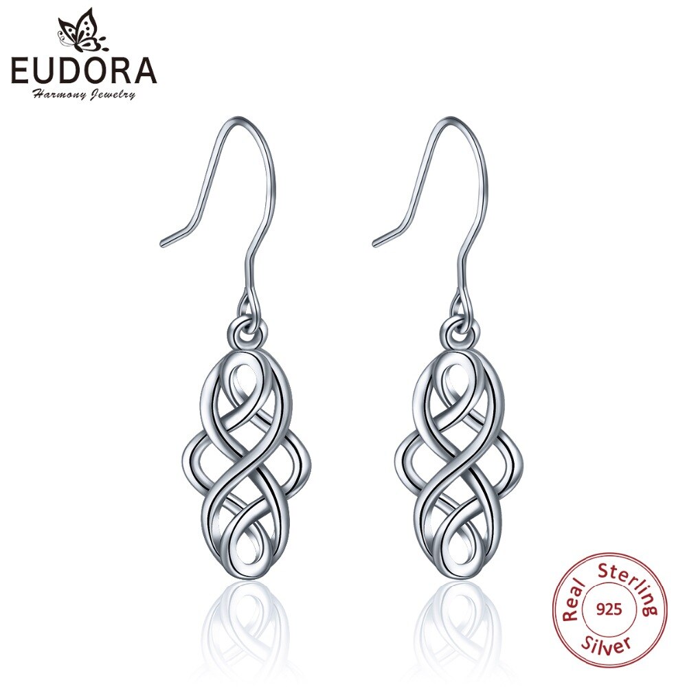 EUDORA Unique réel 925 en argent Sterling géométrique Vintage boucle d'oreille bonne chance amour noeud balancent femmes beaux bijoux charmant E15