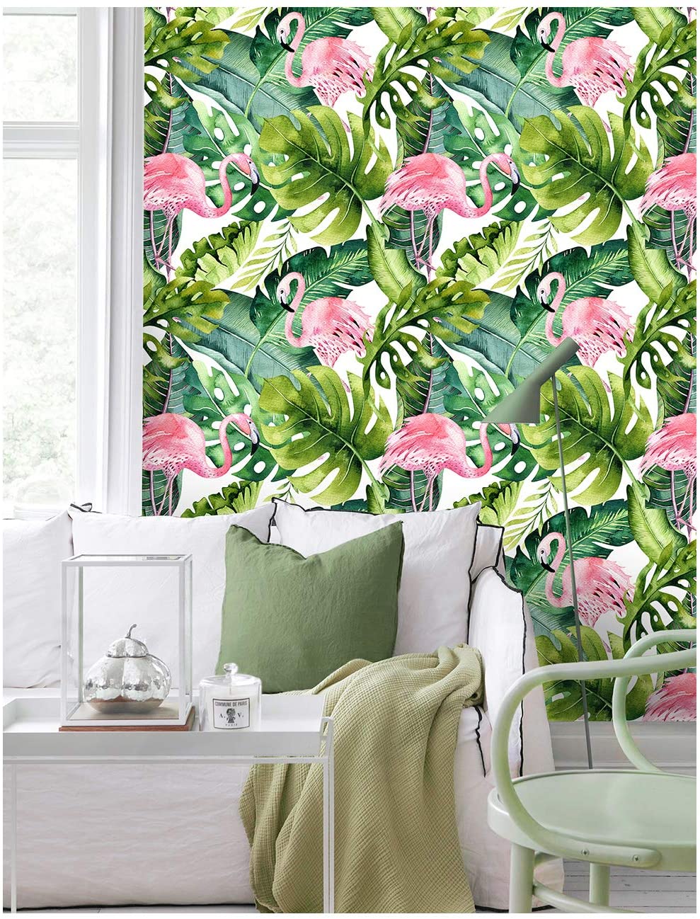 LUCKYYJ Flamingo Palm Tree Peel and Stick Wallpaper Removable Green/Pink Vinyl Self Adhesive Decorative Contact paper