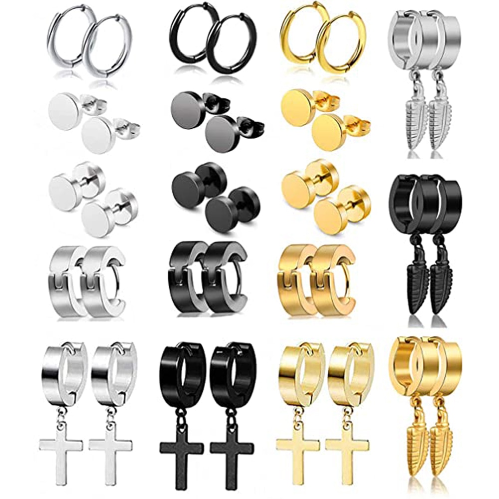 6 Style 316L Stainless Steel Dangle Round Cross Leaf Earring for Men Women Cool Punk Eboy Stud Earring Set