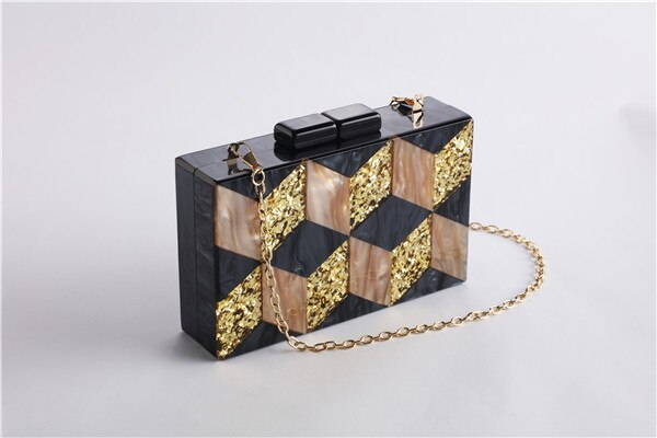 Female Black Pearlescent Acrylic Evening Bags Vintage Women Messenger Bags Gold Sequins Clutches Patchwork Party Handbags: Acrylic B