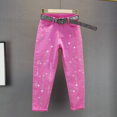 Jeans for kvinner diamanter bokstav høy midje jeans kvinner pluss størrelse stretch jeans løse denim blyantbukser: Rosenrød / 29