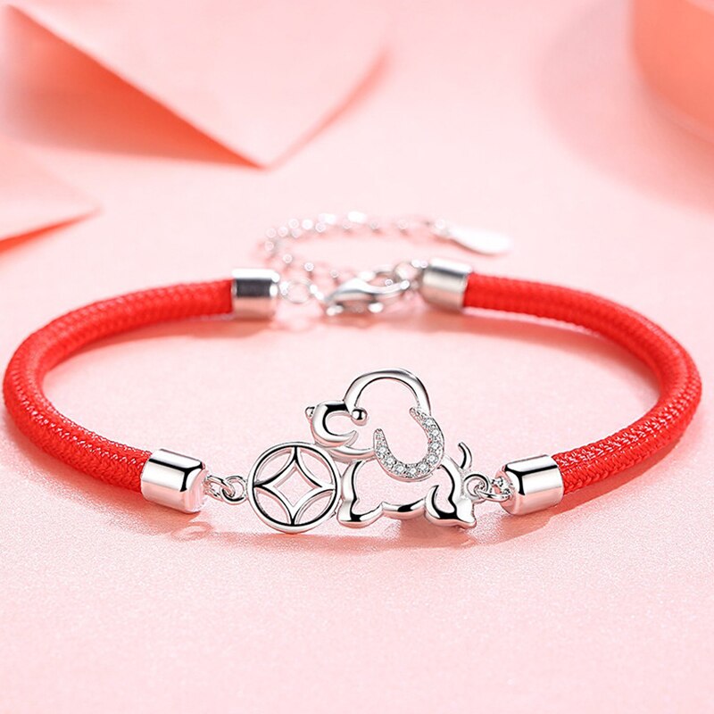 925 de plata de ley Pin rojo cuerda asta hueco perro auspicioso caracter chino pulsera añade temperamento: Dog