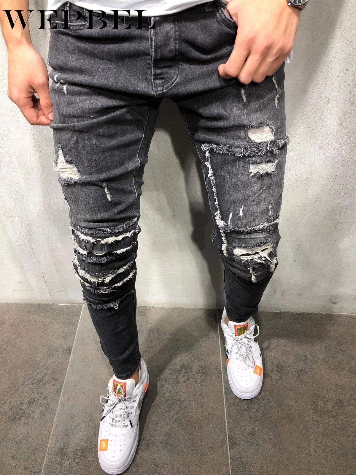 WEPBEL rue Hiphop hommes genou trou Stretch Denim pantalon déchiré mendiants Punk gothique maigre fond fermeture éclair Biker jean