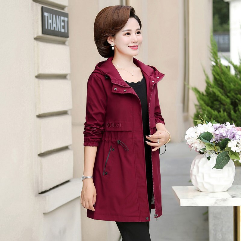 Printemps automne mère veste moyen-âge femmes décontracté à capuche manteau mi-long grande taille femme coupe-vent 5XL W2099: Wine Red / XL