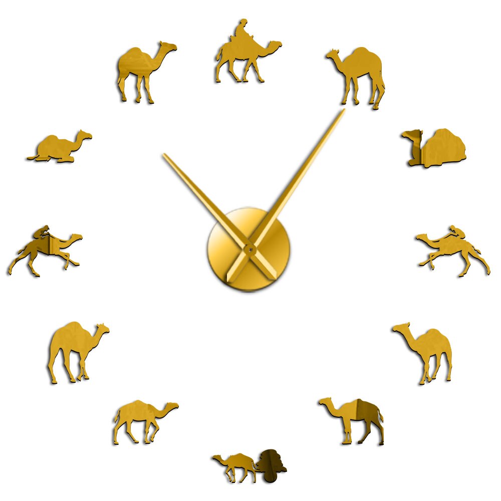 Dromedaris Arabische Woestijn Geest Dieren Spiegel Oppervlak Muur Horloge Bedouin Kameel Interieur Art Niet Tikkende 3D Muur Opknoping Horloge: Gold / 27 inch