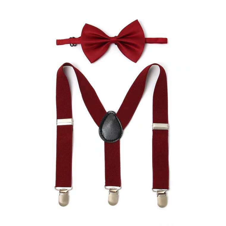 Einfarbig Kinder Gürtel Bowtie Set Baby Jungen Mädchen Hosenträger Clip-on Y-Back Hosenträger Fliege Elastische kid Einstellbare Fliege Set: wine red