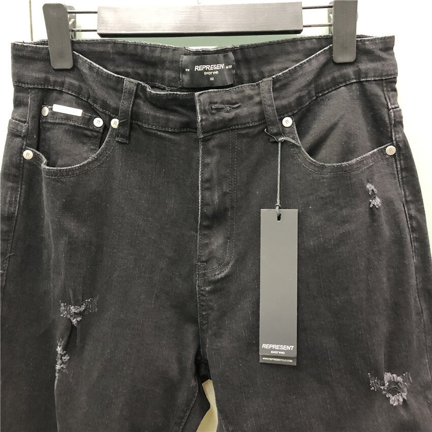 Repræsentere high street jeans mænd kvinder slidte patch stil repræsentere bukser 1:1 version jeans slim stretch pencil bukser