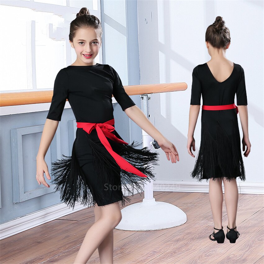 Latinsk dansekjole pige kvast nederdel latinsk salsa børn balsal kjoler halværmet frynser samba karneval kostumer tango børn