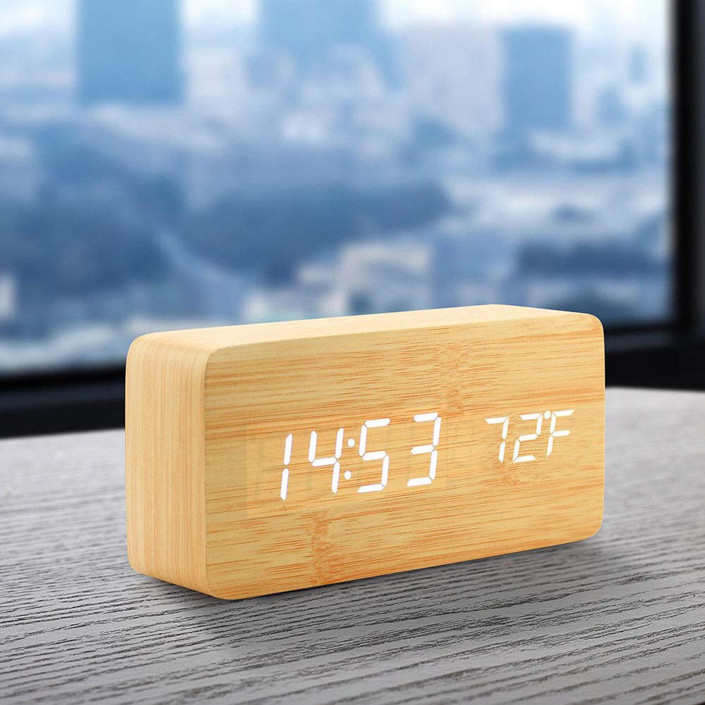 LED Wooden Alarm Clock Watch Table Voice Control Digital Wood Despertador Electronic Desktop USB Powered Clocks Table Decor