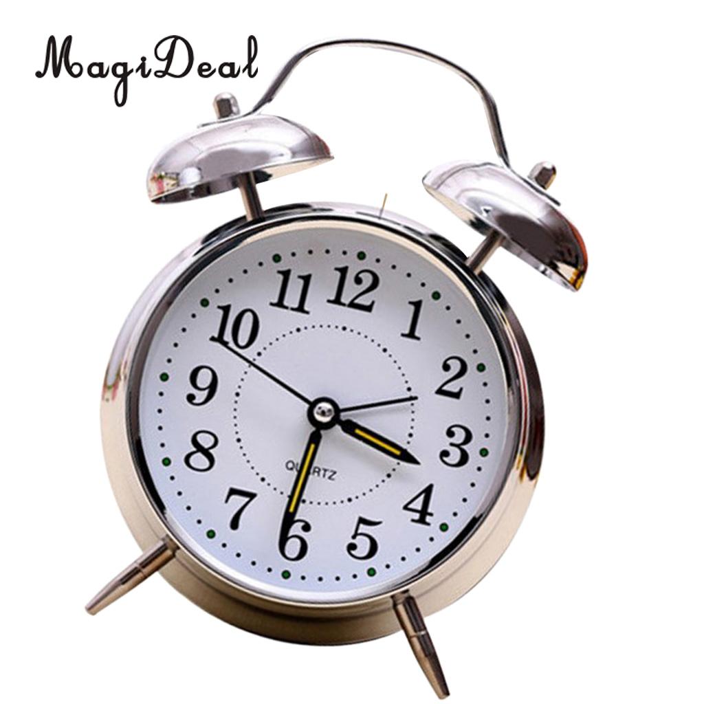 4'' Vintage Silent Alarm Clock Loud Twin Bell Mute Alarm Clock Quartz Analog Retro Bedside and Desk Clock with Nightlight