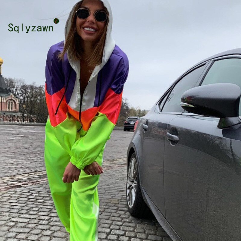 Neon Patchwork Sportwear Women Two Piece Outfits Hooded Long Sleeve Jacket Top + Pants Streetwear Tracksuit Women Matching Sets