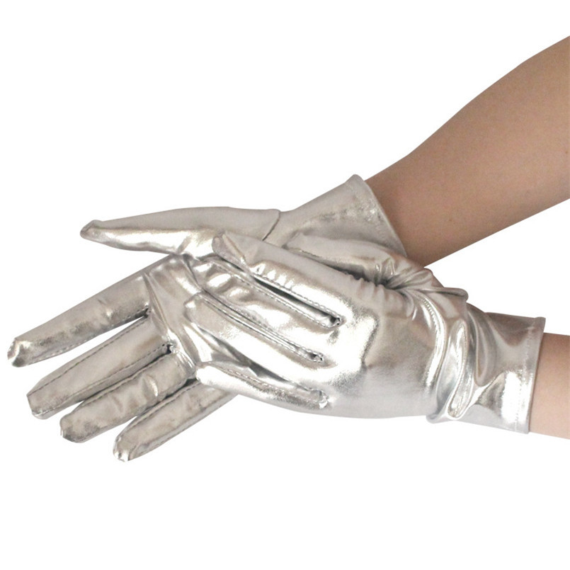 Damer læder handsker korte fest handsker fuld finger unisex håndled cykel handsker luksus guld / sølv gotiske handsker: Sølv