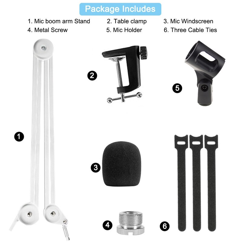 Microphone Boom Arm Stand Heavy Duty Adjustable Suspension Scissor Spring Built-in Mic Stand For Blue Yeti Blue Snowball Bracket: white