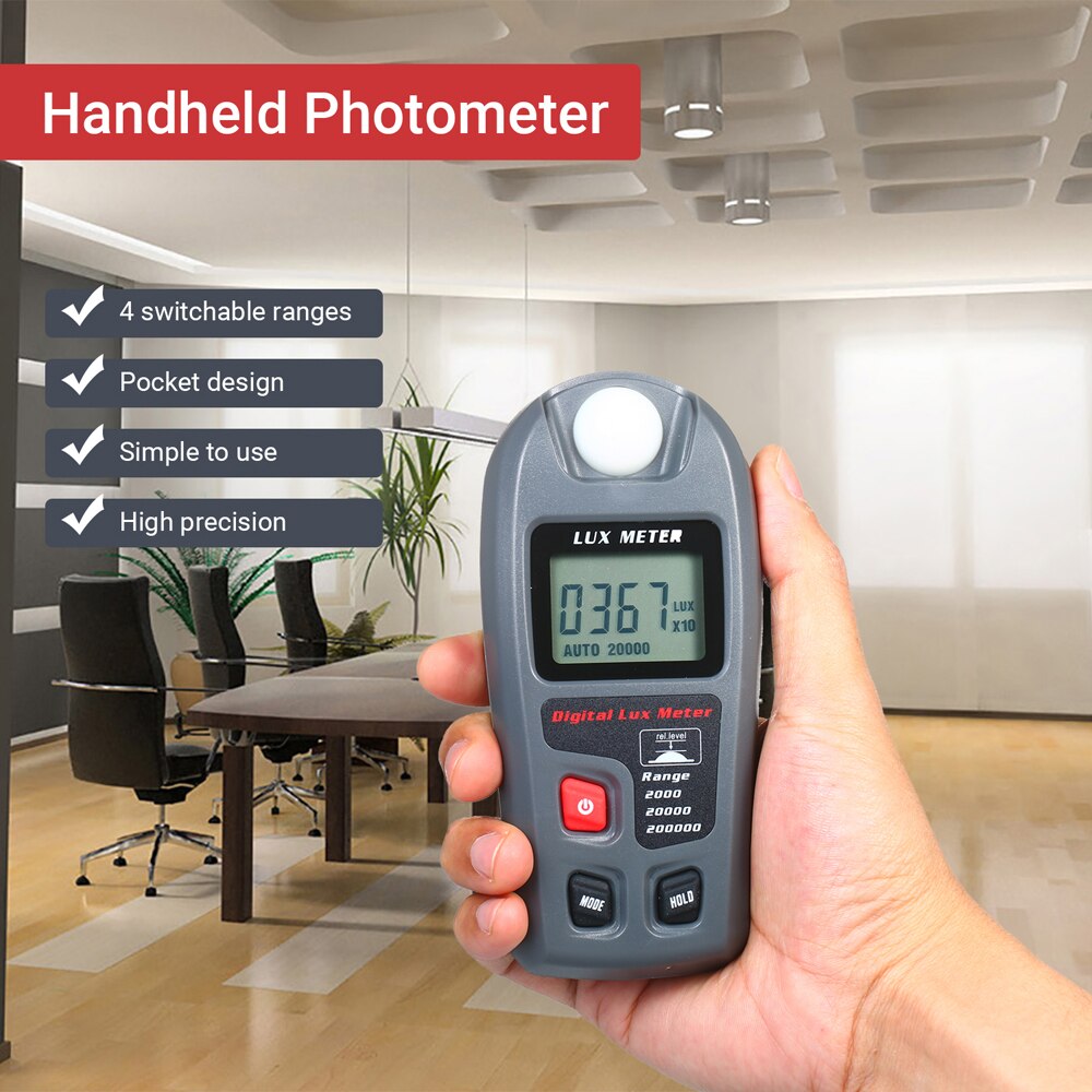 Light Meter Digital Illuminance Meter 0.1-200,000Lux 4 Switchable Ranges Portable Illuminometer Pocket Lux Meter with LCD Screen