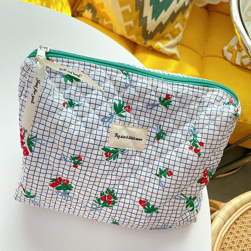 Stepp Gitter Kosmetik Tasche Große machen-hoch Tasche Veranstalter Frauen Kosmetische Lagerung Kulturbeutel Baumwolle Reißverschluss Schönheit fallen Beutel: Grün