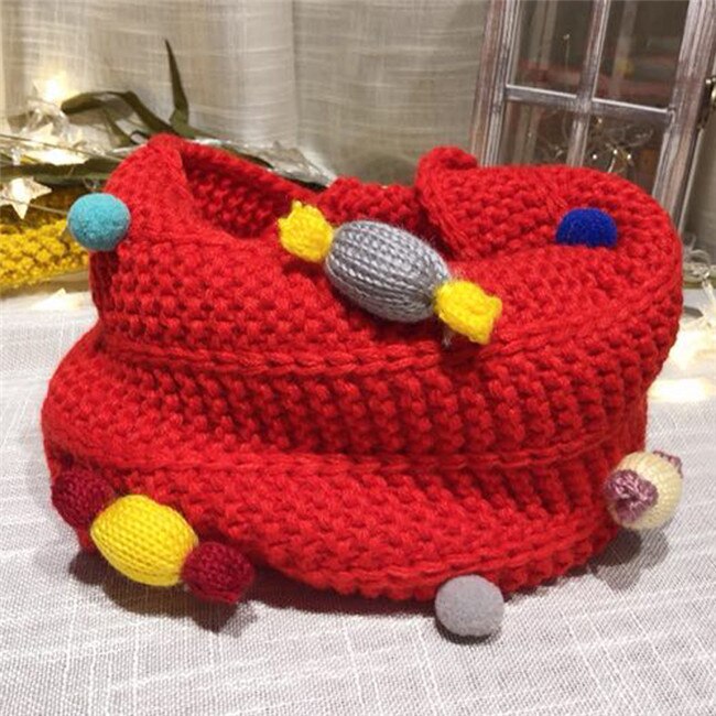 Höst vinter pojkar tjejer halsduk baby barn halskrage färgglad pompom godis halsduk varm tjock stickad ull barn o ring halsdukar: Röd