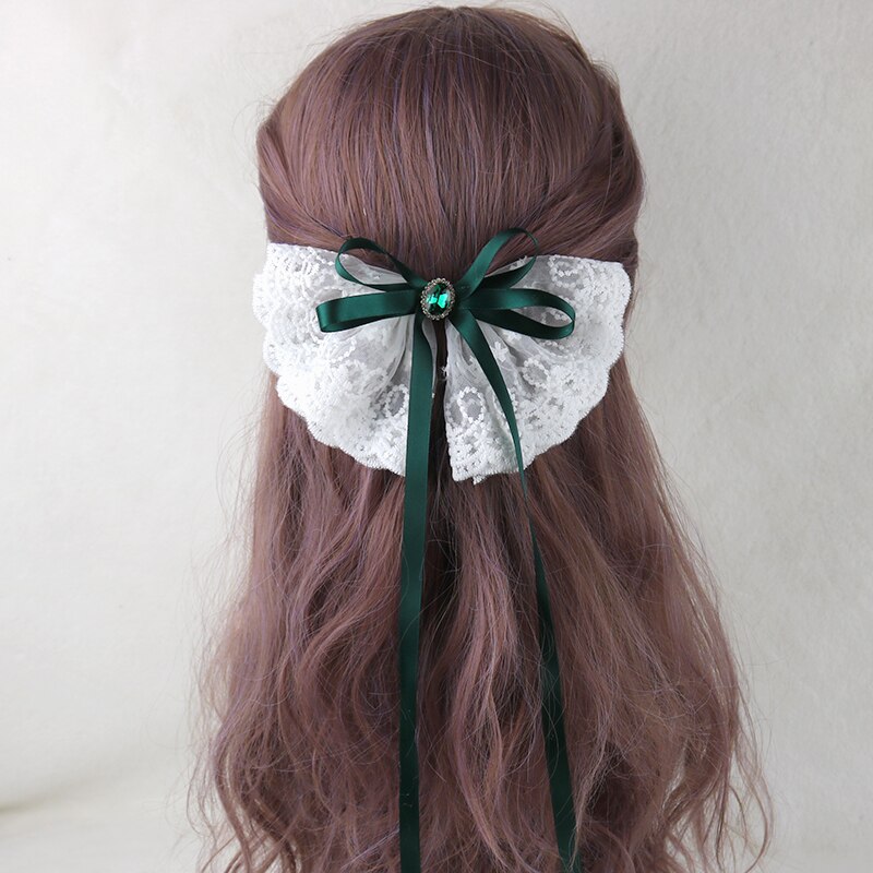 Japanse Lolita Meisje Lange Streamer Haarspeld Prinses Clip Handgemaakte Strik Kant Haar Accessoires Vrouwen Paardestaart Clip: Dark green