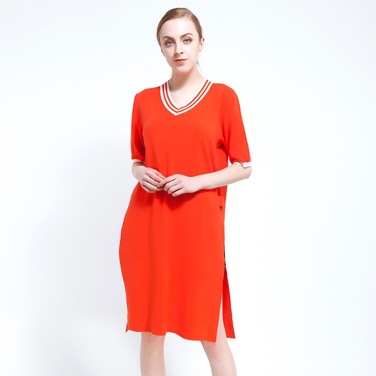 Spring Casual Women's Sweater Pullovers Half-sleeve Pullover Jumper V-neck Knitted Female Solid Dress: Red