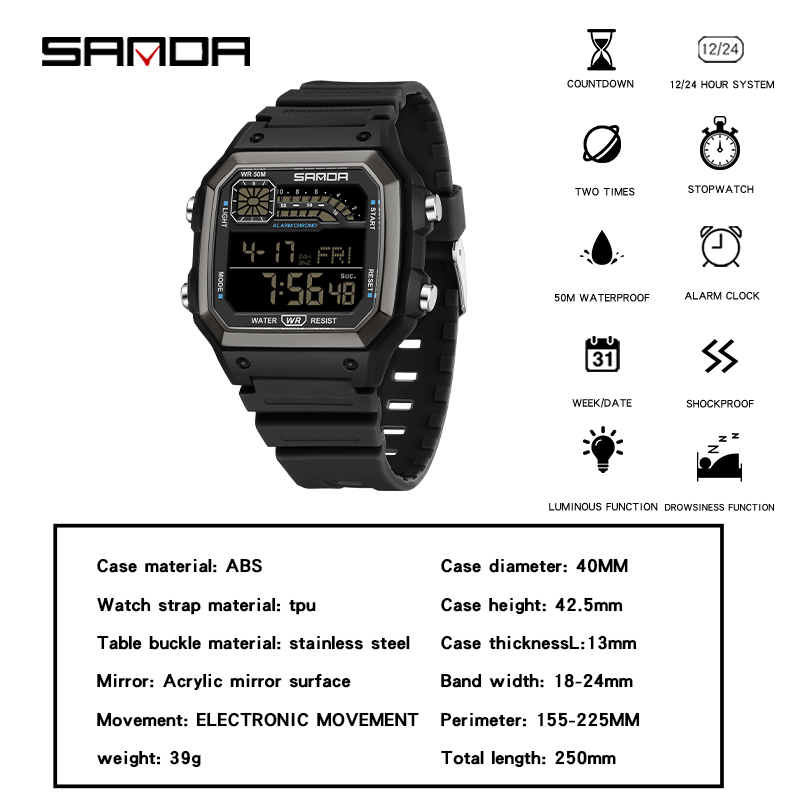 SANDA Outdoor Sport Elektronische Chronograph Uhr Männer Multifunktions Uhren Wecker Chrono Wasserdichte LED Digital armbanduhr