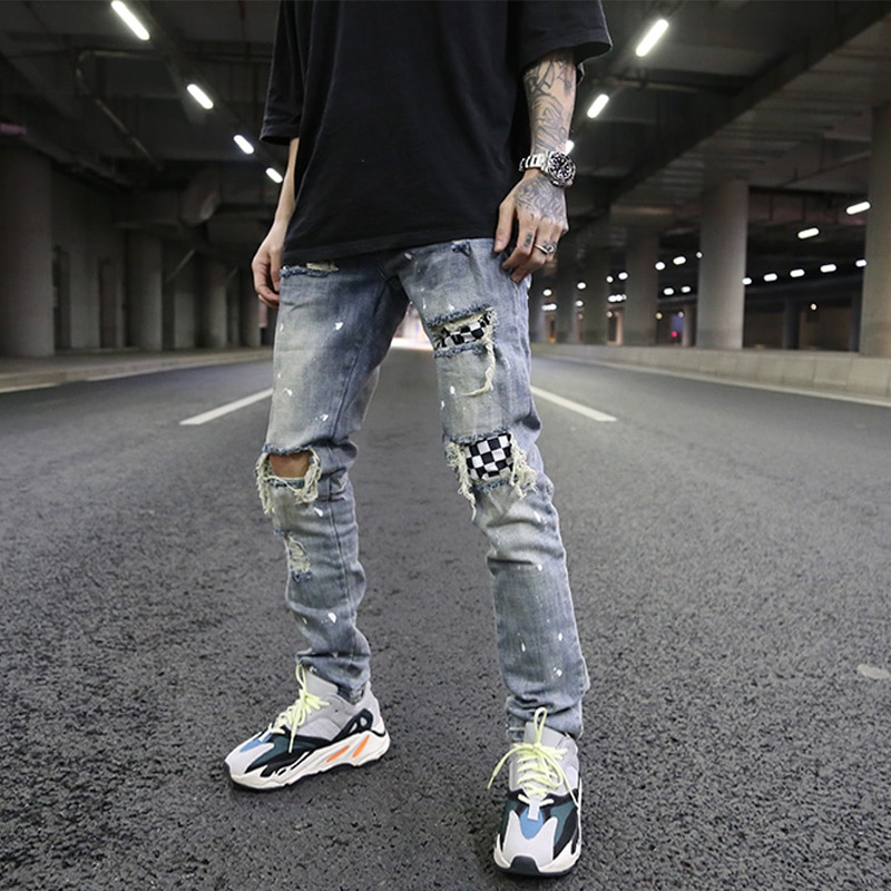 Pantalones vaqueros a la para hombre con agujeros en la rodilla de retazos a cuadros rasgados nuevos pantalones con cremallera Hip Hop