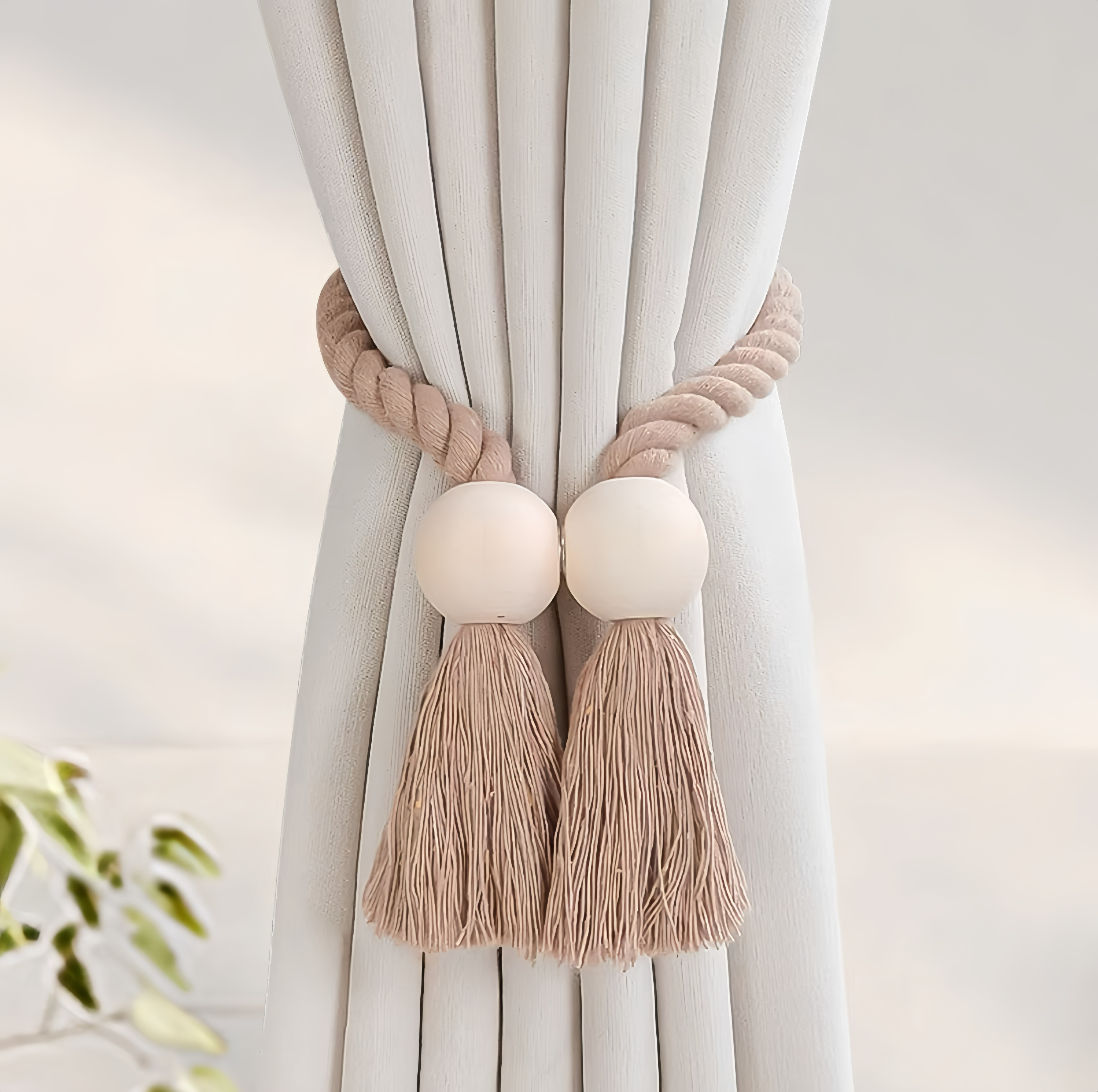 Amarre de cortina con nudo magnético de madera maciza tejido a mano con estilo Boho, adecuado para la decoración del hogar de la sala de estar y el dormitorio.: Castaño
