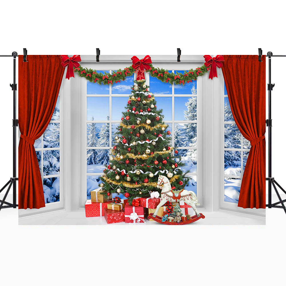 Mocsicka Christmas Backdrop Red Curtains Window Christmas Tree Background for Photo Studio Portrait Photography Photoshoot Props