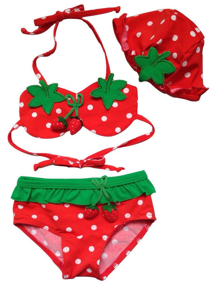 3 stk sæt søde børn baby piger jordbær bikini dragt badedragt badetøj badedragt hat svømning piger tøj