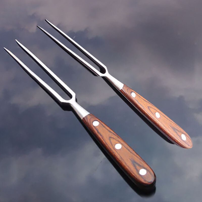 Wooden Handle Barbecue Fork Food Fork Meat Fork Wooden Handle BBQ Fork Stainless Steel Portable Outdoor Barbecue Tool