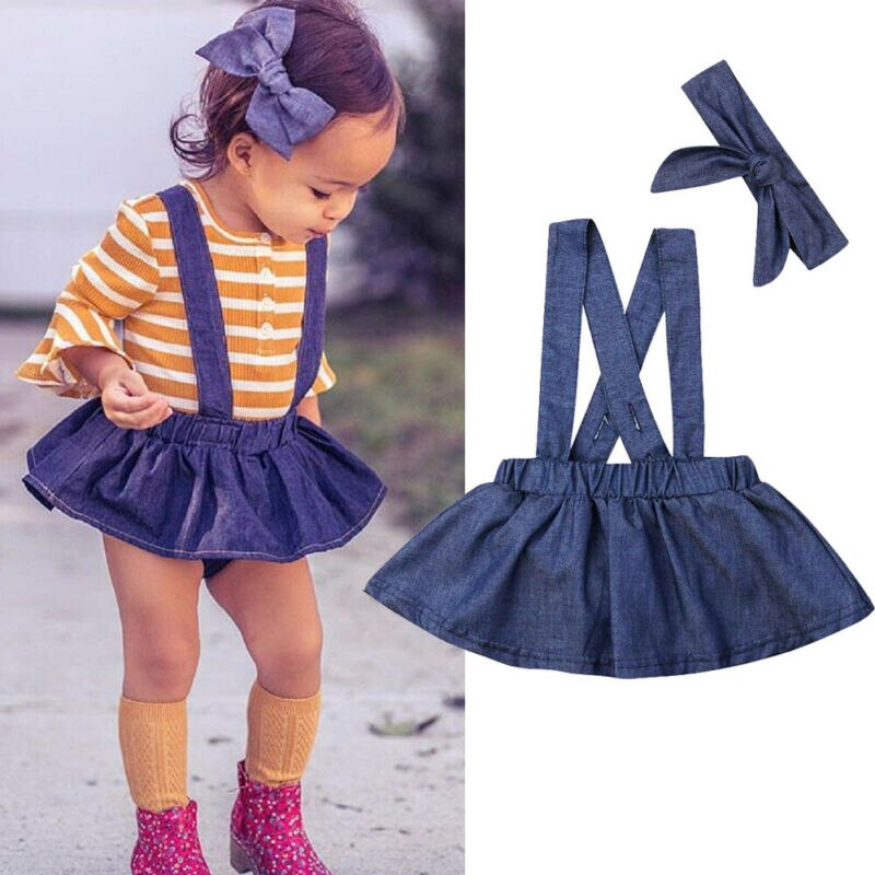 Newborn Baby Girl Clothes Solid Sleeveless Suspender Shorts Denim Skirt Headband Outfit Summer Casual Clothings