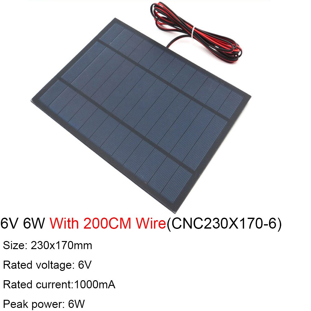 6V Solar Panel With 30 100 200CM Wire Mini Solar System DIY For Battery Cell Phone Charger 0.6W 1W 1.1W 2W 3W 3.5W 4.5W 6W 10W: 6V 6W
