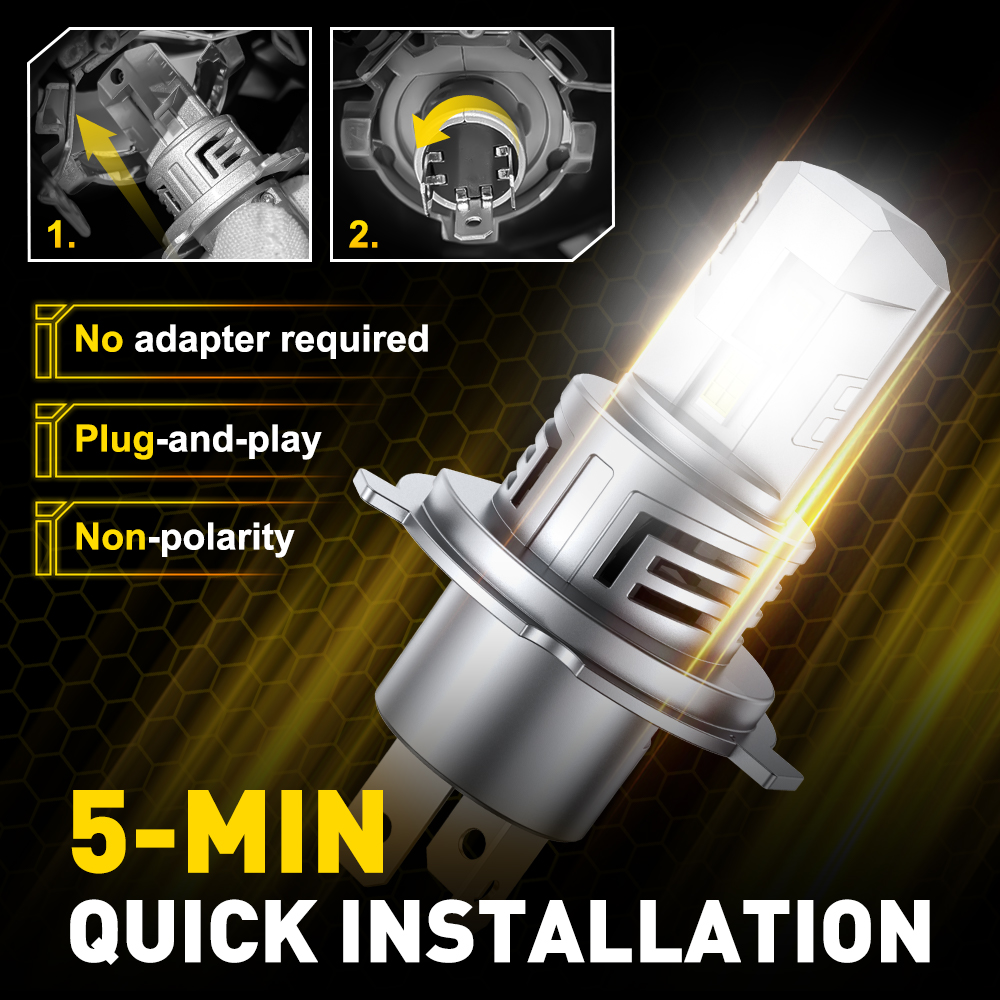 2 Stücke AUXITO 30000LM H4 LED-Leuchtmittel 9003 Scheinwerfer Fern- und Abblendlicht Superhell mit Lüfter Drahtloser Stil 60 Watt Autoscheinwerfer