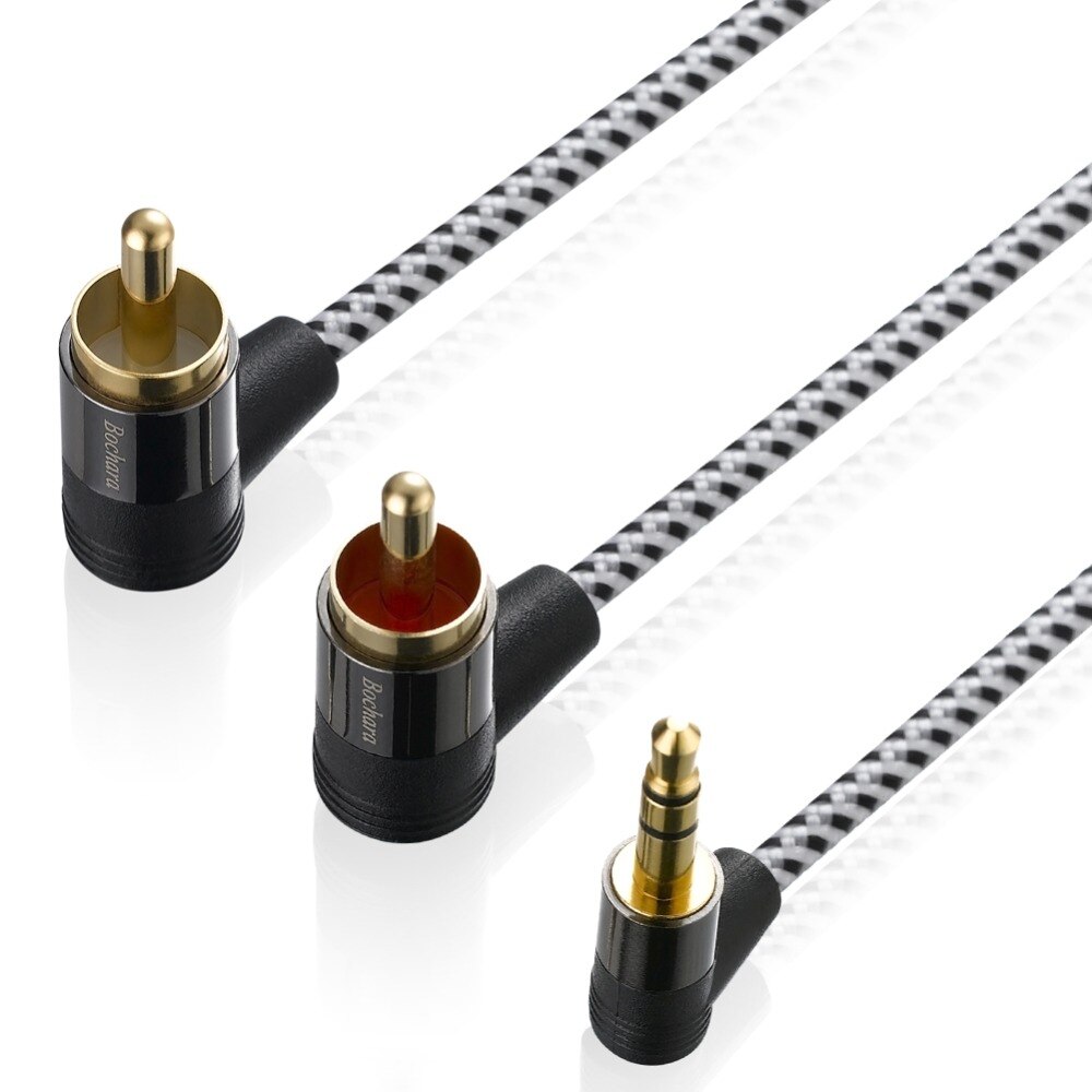 Bochara Gevlochten 90 Graden 3.5 Mm Jack Naar 2RCA Audio Kabel Gewikkeld Afgeschermde Voor Luidsprekers Versterker Mixer 1.8 M 3 M 5 M 10 M