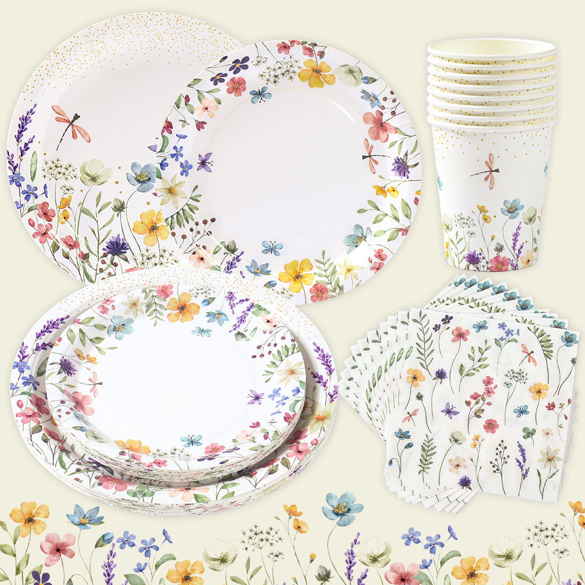 Vilde blomster bordservice fødselsdagsfestdekoration vilde blomster engangstallerkener kopper pigegaver bryllup babyshower festartikler