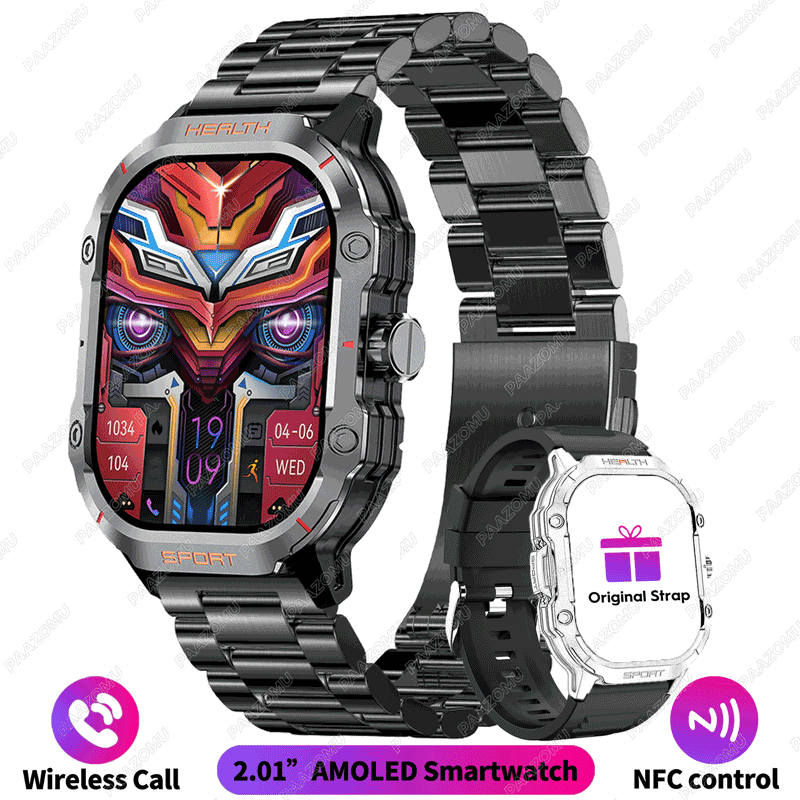 2025 nowy wojskowy Smartwatch 2.01 "AMOLED BT odpowiedź/zadzwoń NFC 100+ trybów sportowych opaska monitorująca aktywność fizyczną inteligentne zegarki dla android iOS: Czerwony