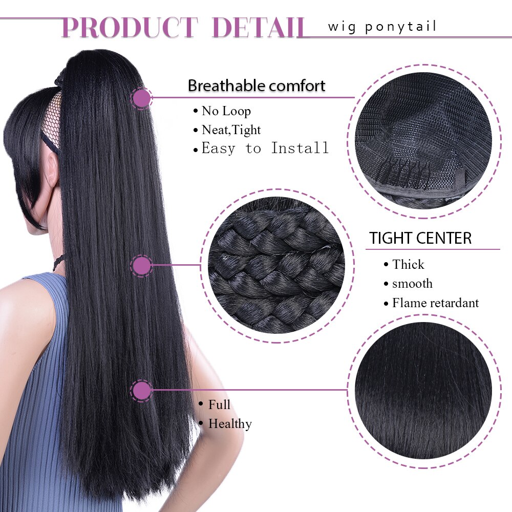 Chorliss longo yaki reta sintético rabo de cavalo com franja trançado chignon divisor de duas peças cabelo preto clip-in cabelo para mulher