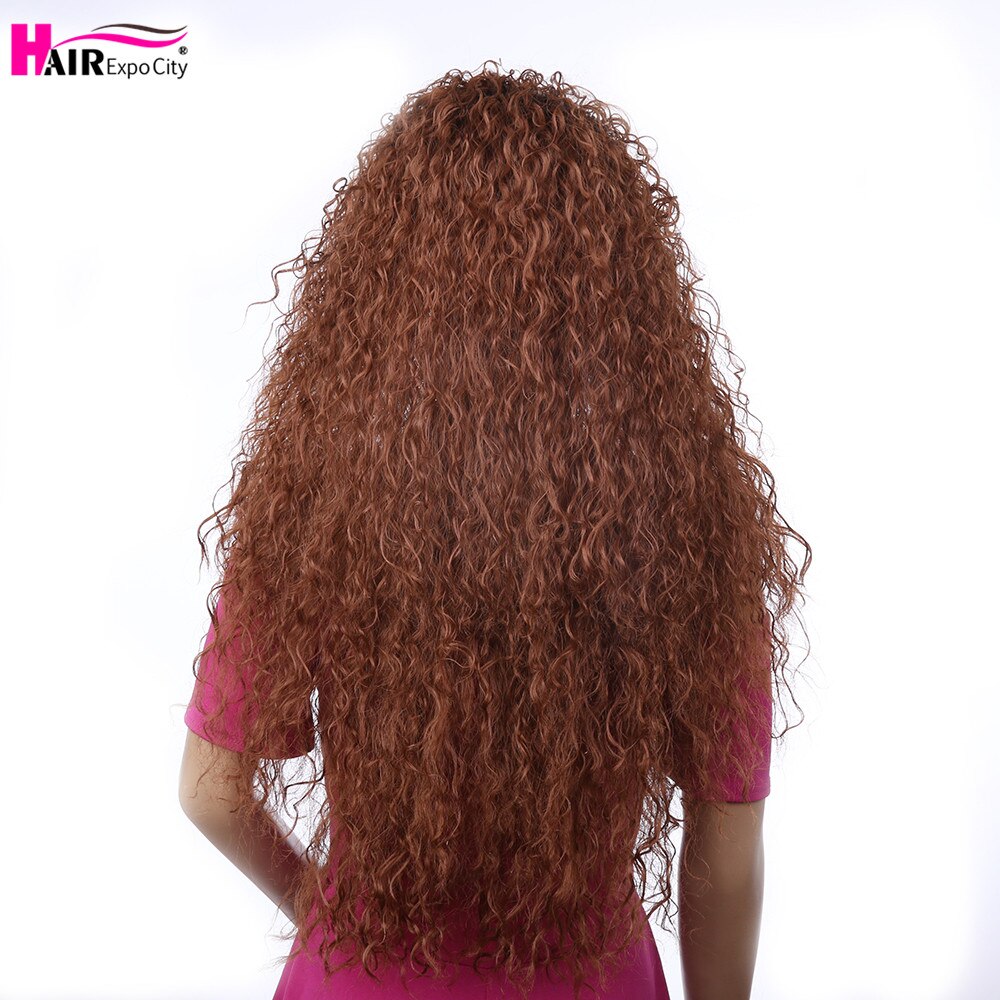 24 tommer lang kinky krøllet paryk afro fluffy hår syntetisk blonde front paryk til sorte kvinder varmebestandigt ombre brown hair expo city