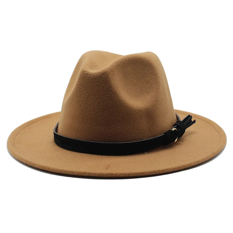 Sombrero Fedora de fieltro Gangster Trilby, gorras de Jazz de ala ancha europea americana, sombrero de boda blanco de lana para hombres y mujeres, 56-58-61CM: M / Caqui