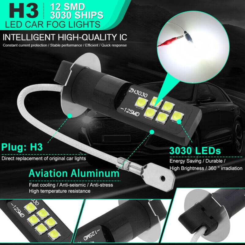 2Pcs H3 Led Lamp 3030 Smd 6000K Witte Auto Mistlamp Hoge Heldere Drl Rijden Lamp 11.7X50.2X22Mm 12 Smd 3030 Chips