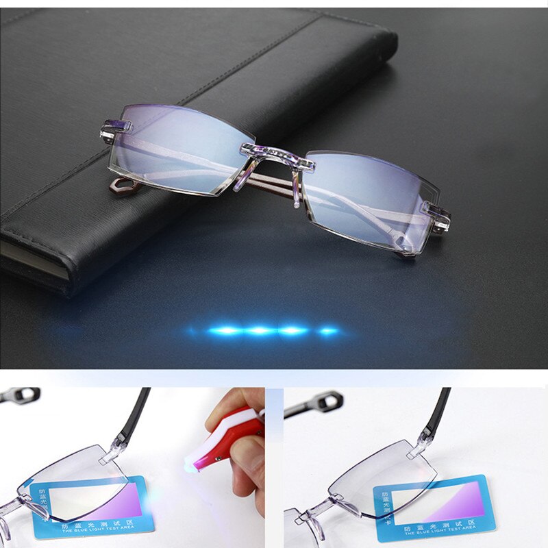 Rimless Cutting Bifocal Reading Glasses Women MenAnti Blue Light Blocking Square Presbyopic Glasses Diopters +1.0 To +4.0