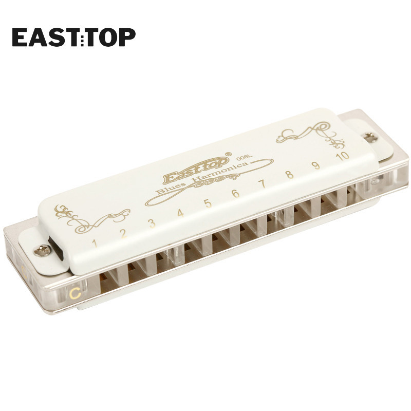 EASTTOP T008L Diatonic Blues Harmonica Key of D 10 Holes Harp Mouth Organ Harmonica with White Cover for Adults Professionals