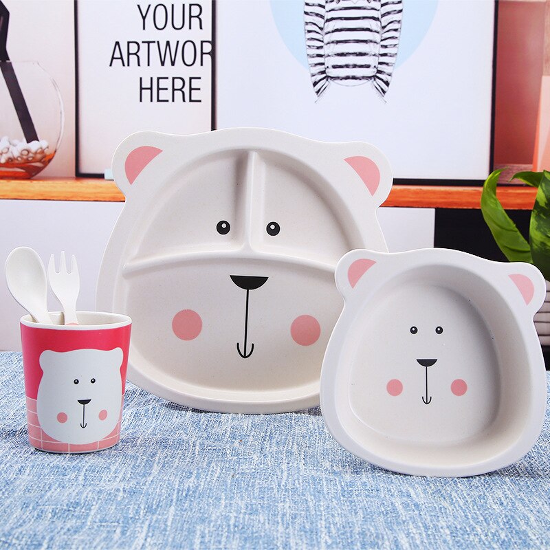 5 pièces/ensemble bébé dessin animé assiette vaisselle Anti-chute ensemble de vaisselle 4 fentes enfants vaisselle fourchette cuillère bambou assiette ensemble couverts: Bear