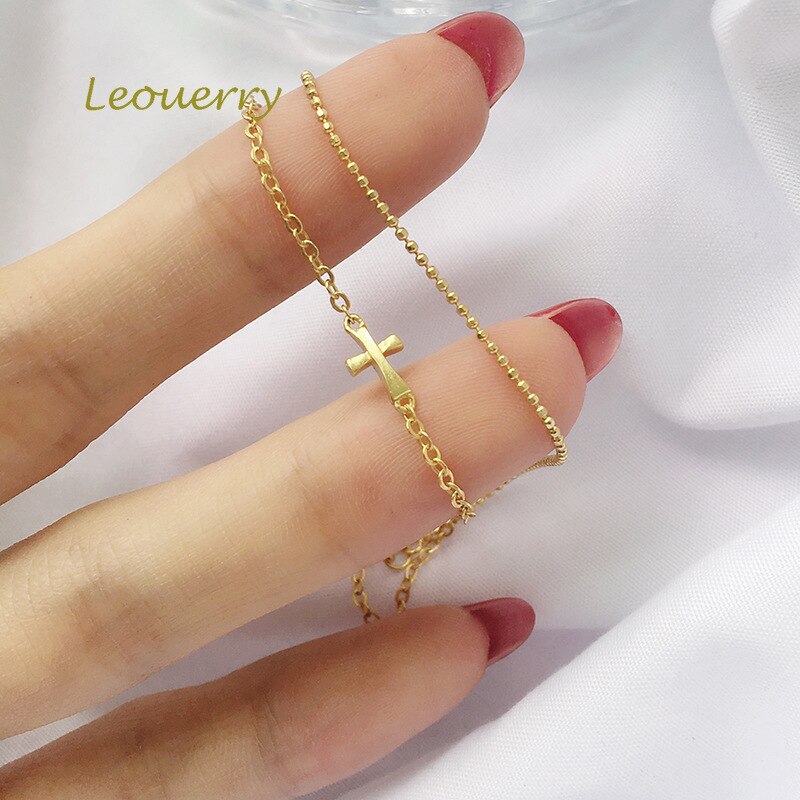 Leouerry 925 Sterling Zilveren Dubbele Laag Kralen Ketting Kruis Armband Minimalistische Vrouwen Lady Hand Ketting Gouden Armband Fijne Sieraden: Default Title