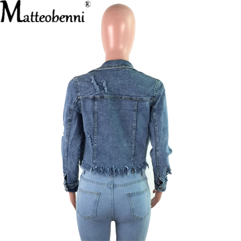 Blau Abgeschnitten Denim Jacken Frauen Lange Hülse Mit Geschmack Taschen Jahrgang Mantel Herbst Winter Streetwear gerissen Jean Outwear