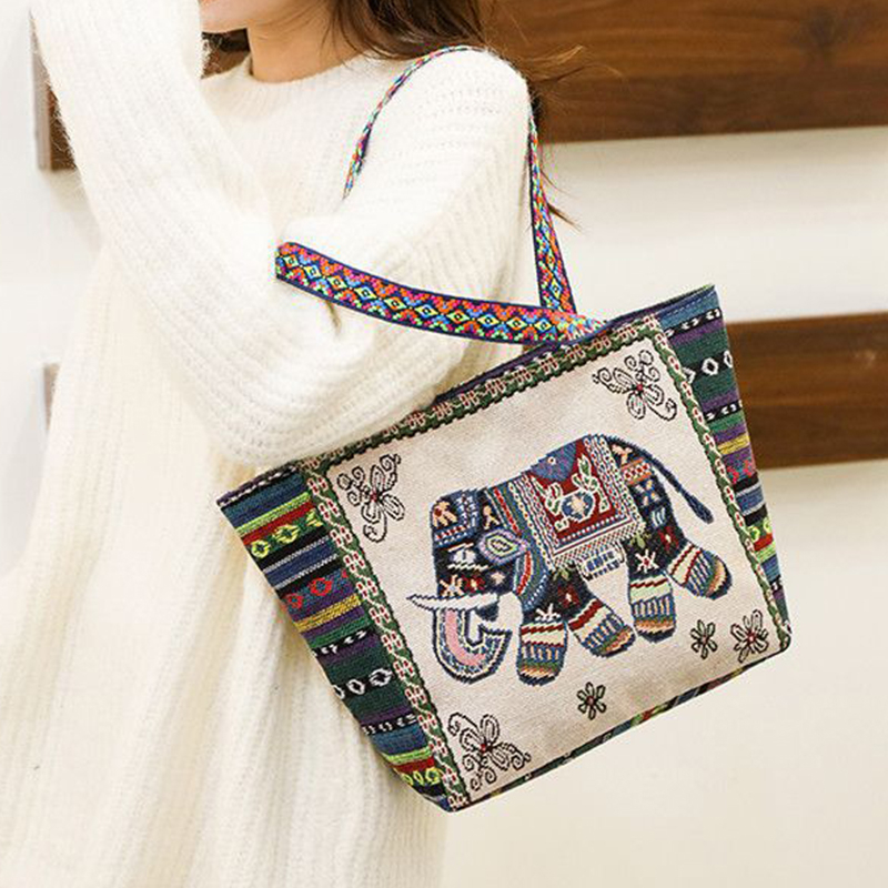 Nuovo stile etnico borsa a tracolla studente tela ricamo elefante borsa da ufficio borsa da viaggio casuale per le donne: esercito verde