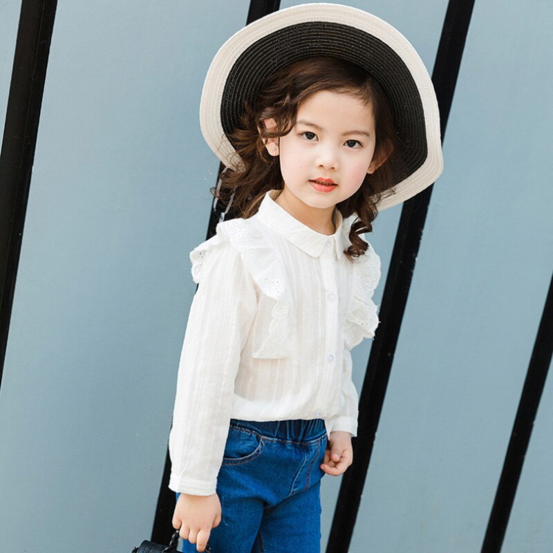 White Blouses For Girls Lace Kids Girls Clothes Long Sleeve Spring Turn-down Collar Child School Blouse Children Shirts