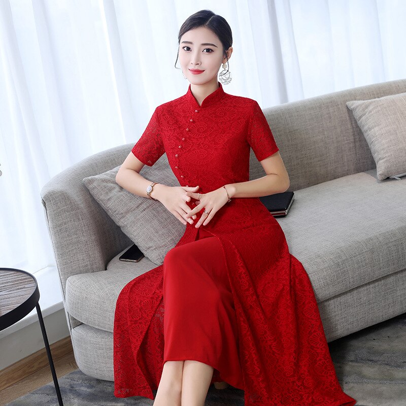 Aodai-vestido Qipao de Vietnam para mujer, ropa tradicional de encaje, Vestido largo de seda hasta la rodilla, novedad de verano, 2022: Red ao dai / L