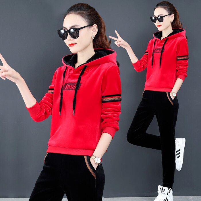 Winer dikke fluwelen dames trainingspak sportkleding warme hoodie sweatshirt + broek hardloopjoggingbroek fitness workout casual set sportpak