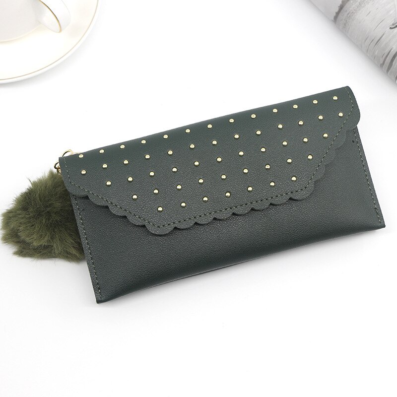 neue frauen Lange Brieftasche Niet Nagel Einfarbig Pelzigen Ball Geldbörse frauen Handtasche für: Marine Grün