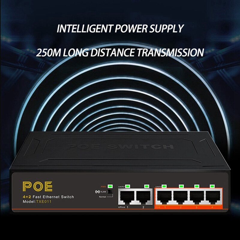 6-Poorts Poe Switch 100M Ingebouwde Voeding Poe Splitter 52V1.25a Lange Afstand Transmissie 250 meter